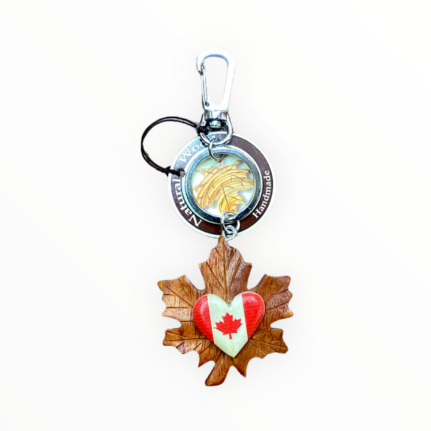 Natural Wood Keychain - Canadian Heart Shape Flag Wood Keychain Handmade Keyring