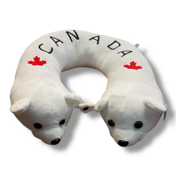 Canadian Polar Bear Plush Travel Neck Pillow - Canada Themed Design Double Headed White Bear