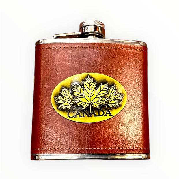 Canada Maple Leaf Vintage Hip Flask for Liquor 7 Oz with Funnel - Leak Proof Food Grade 18/8 Stainless Steel - Brown Leather Cover for Discrete Pocket Shot Drinking of Whiskey, Rum and Vodka | Ideal Gift for Men