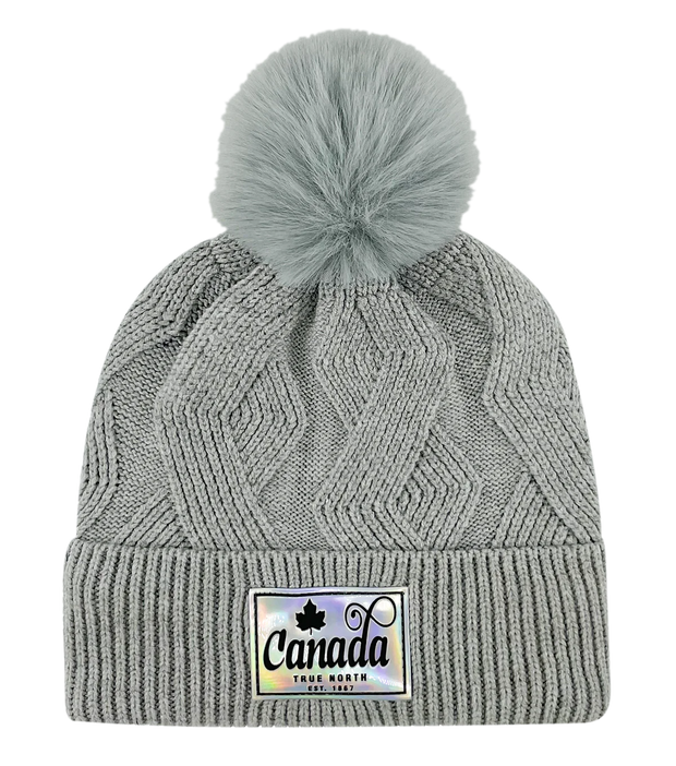 Knit Toque with Pom w/ Metallic Canada Patch