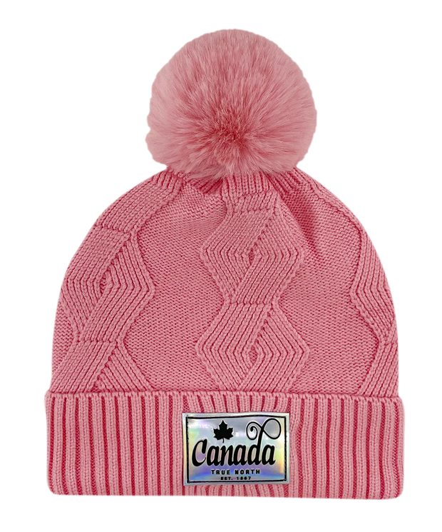 Knit Toque with Pom w/ Metallic Canada Patch