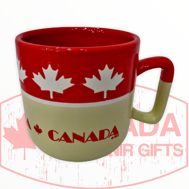 14 oz Large Mug Ceramic Coffee Tea Glass Cup Maple Leaf Canada (Red & Cream)