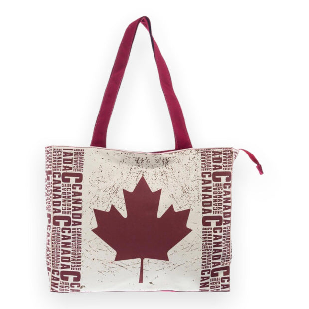 Beige & Red Maple Leaf Canada Large Tote With Zipper for Beach, Picnic or Travel