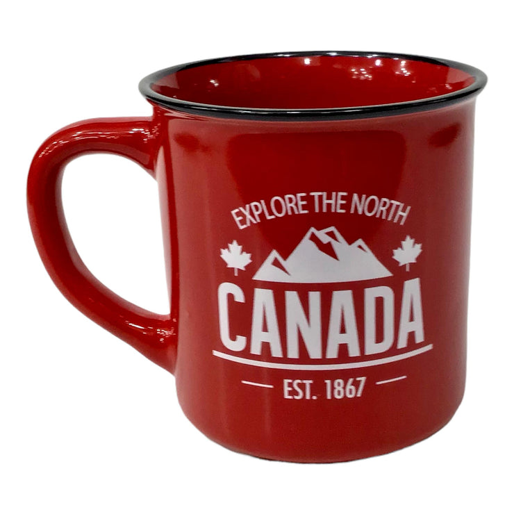 CANADA COFFEE MUG - EXPLORE THE NORTH WHITE PRINT W/ RED BACKGROUND TEA CUP 13 oz