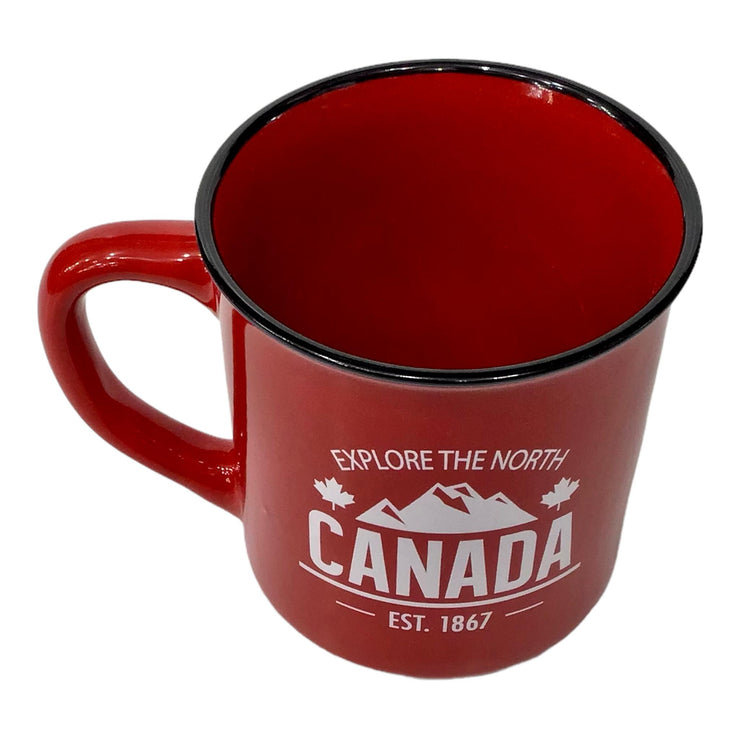 CANADA COFFEE MUG - EXPLORE THE NORTH WHITE PRINT W/ RED BACKGROUND TEA CUP 13 oz