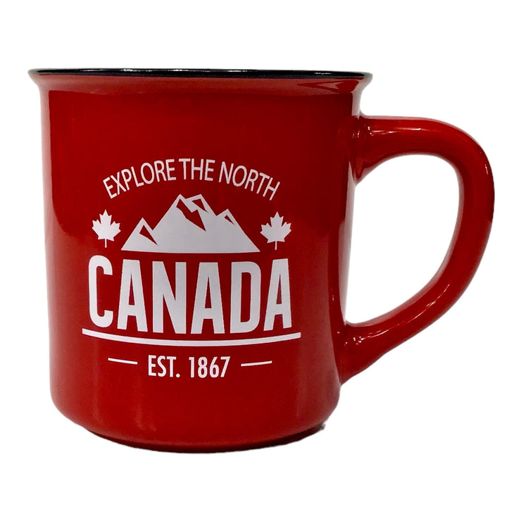 CANADA COFFEE MUG - EXPLORE THE NORTH WHITE PRINT W/ RED BACKGROUND TEA CUP 13 oz