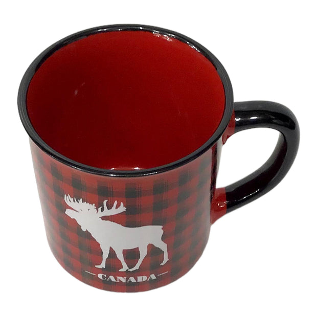 COFFEE MUG RED AND BLACK CHECK CERAMIC MOOSE THEME TEA CUP