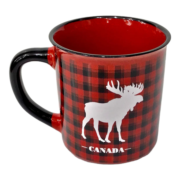 COFFEE MUG RED AND BLACK CHECK CERAMIC MOOSE THEME TEA CUP