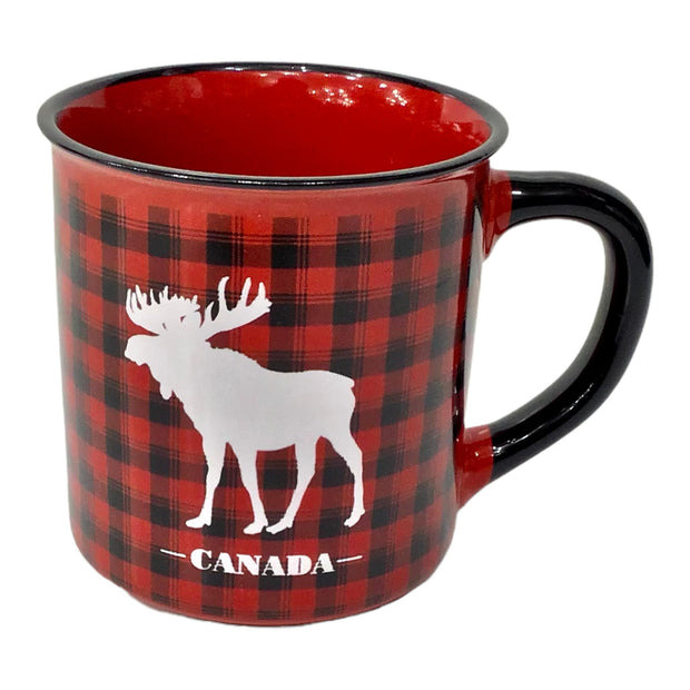 COFFEE MUG RED AND BLACK CHECK CERAMIC MOOSE THEME TEA CUP