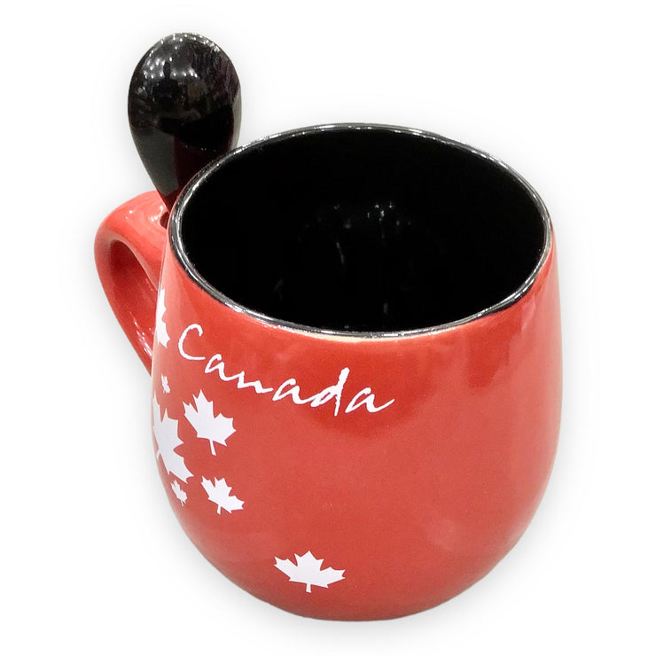 COFFEE MUG W/ SPOON RED & BLACK OR BLACK & RED CANADA MAPLE LEAF CERAMIC 13oz