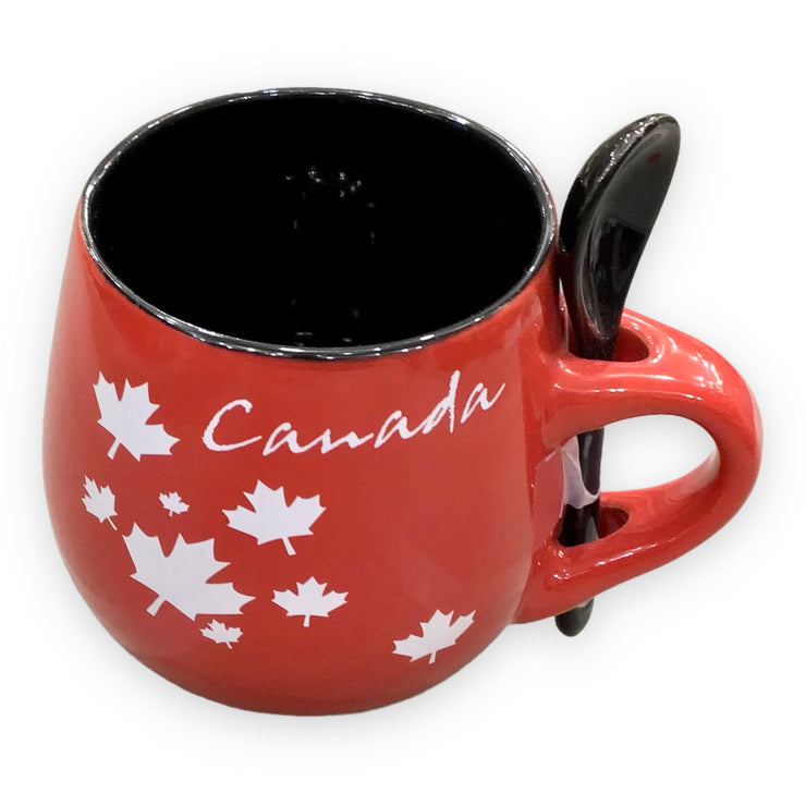 COFFEE MUG W/ SPOON RED & BLACK OR BLACK & RED CANADA MAPLE LEAF CERAMIC 13oz