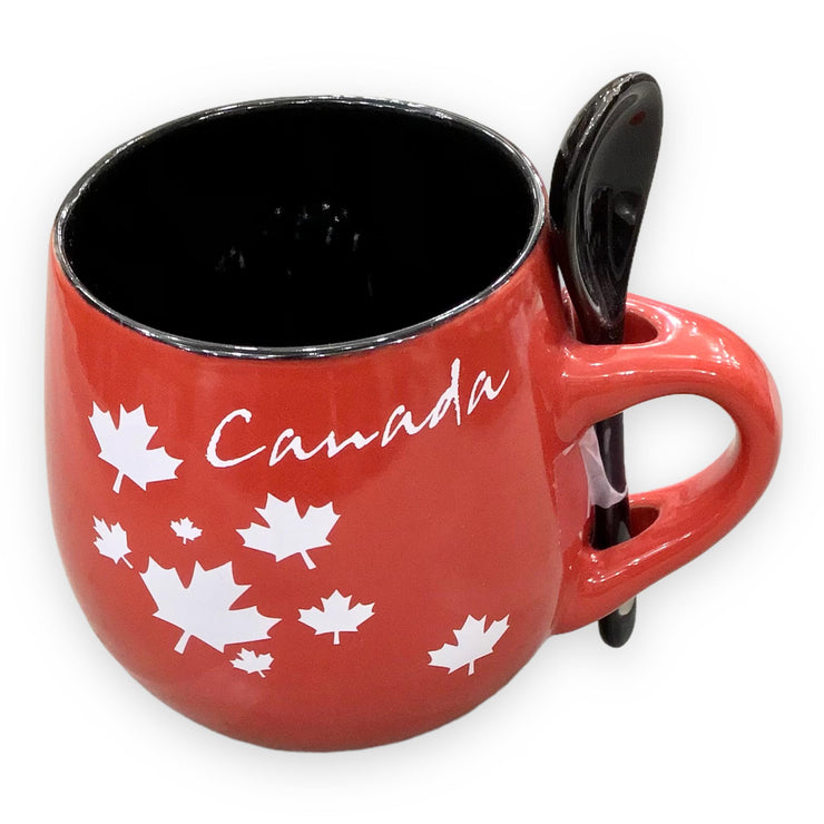 COFFEE MUG W/ SPOON RED & BLACK OR BLACK & RED CANADA MAPLE LEAF CERAMIC 13oz