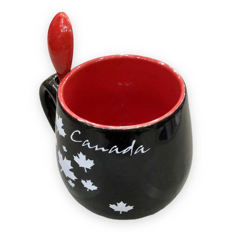 COFFEE MUG W/ SPOON RED & BLACK OR BLACK & RED CANADA MAPLE LEAF CERAMIC 13oz