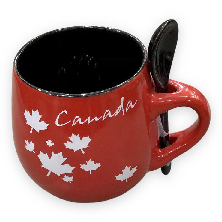 COFFEE MUG W/ SPOON RED & BLACK OR BLACK & RED CANADA MAPLE LEAF CERAMIC 13oz