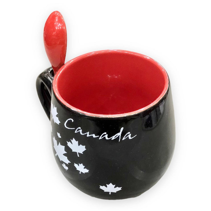 COFFEE MUG W/ SPOON RED & BLACK OR BLACK & RED CANADA MAPLE LEAF CERAMIC 13oz