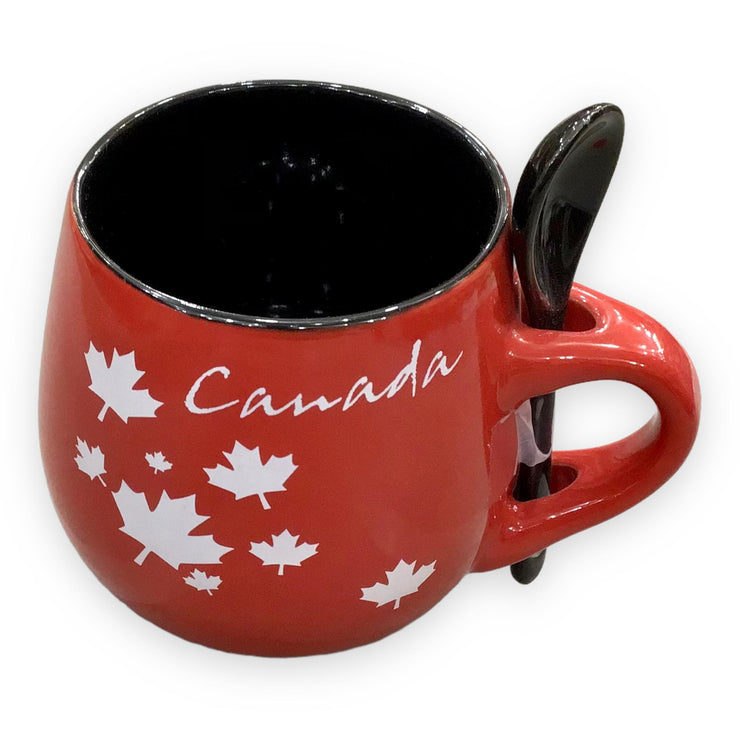 COFFEE MUG W/ SPOON RED & BLACK OR BLACK & RED CANADA MAPLE LEAF CERAMIC 13oz