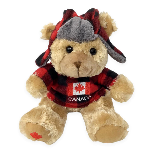 Canada Bear Stuffed Animal 10 Inches with Buffalo Plaid Top and Hat | Canadian Flag and Name Drop Embroidery | Teddy Bear Stuffed Plush Toy | Soft Cuddly Stuffed Bear for Baby, Boys and Girls