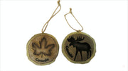 Canada Ceramic Moose & Maple Leaf Ornament 3.5 Inch's Wood Style Ceramic Hanging Ornament | Wood Burned Ornament | Engraved Wood Style Ceramic Slab