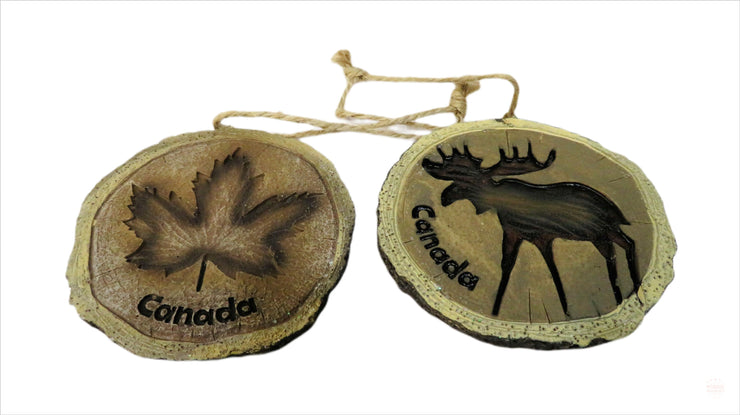 Canada Ceramic Moose & Maple Leaf Ornament 3.5 Inch's Wood Style Ceramic Hanging Ornament | Wood Burned Ornament | Engraved Wood Style Ceramic Slab