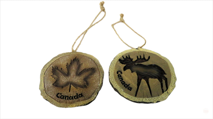 Canada Ceramic Moose & Maple Leaf Ornament 3.5 Inch's Wood Style Ceramic Hanging Ornament | Wood Burned Ornament | Engraved Wood Style Ceramic Slab