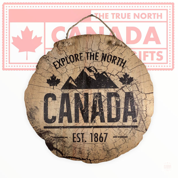 Canada Est. 1867 Circle 12” Wood Wall Plaque - EXPLORE THE NORTH VINTAGE Canadian Wall Decoration