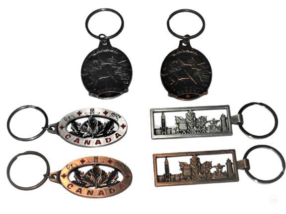 Canada Maple Leaf Moose & City View Metal Keychains 6 Pcs Assorted