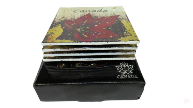 Canada Maple Leaf Square Tea Coffee Drink Coasters | Set of 4 Square Decorative Ceramic Stone Plates for Events, Parties and Home