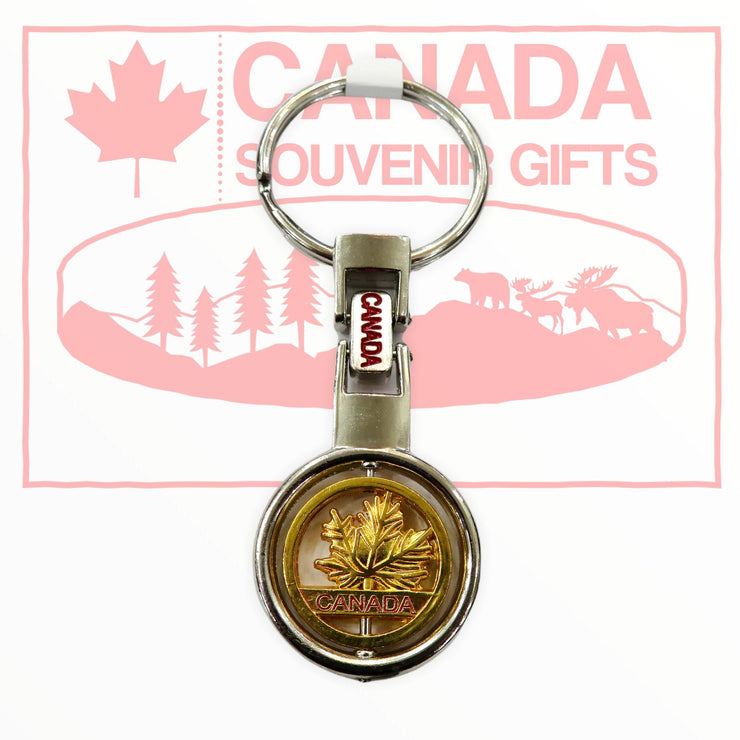Canadian Maple Leaf Golden Circle Spinner Keychain - Metal Chrome Keyr