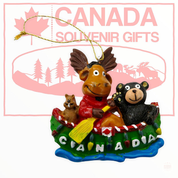 Canadian Souvenir - Christmas Ornaments Moose, Beaver and Bear in the Boat