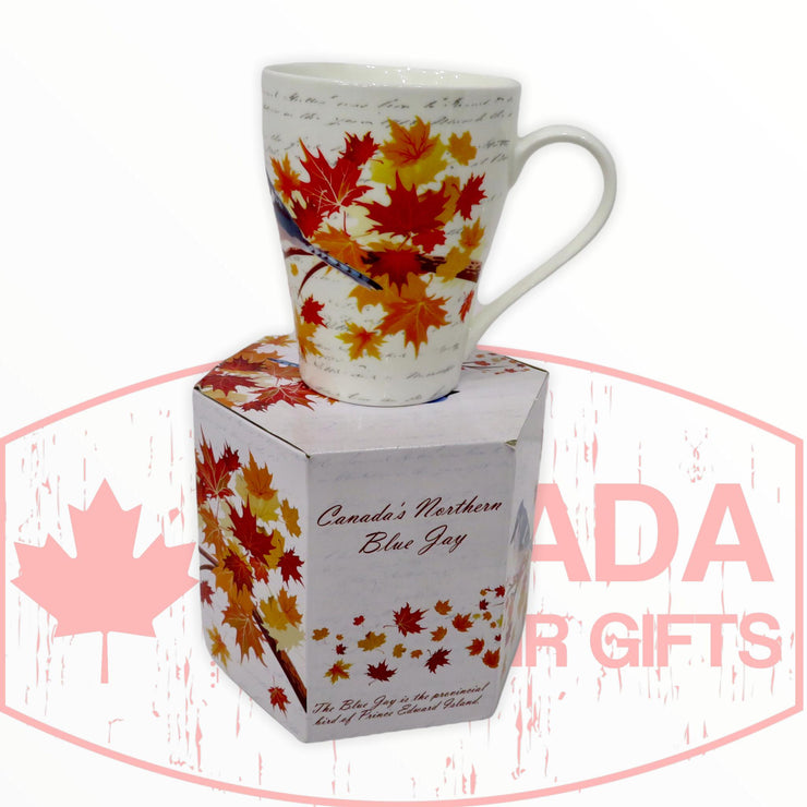 Coffee Mug - Beautiful Canada's Northern Blue Jay Bird Perched on the Maple Leaf Tree Tea Cup W/ Matching Box