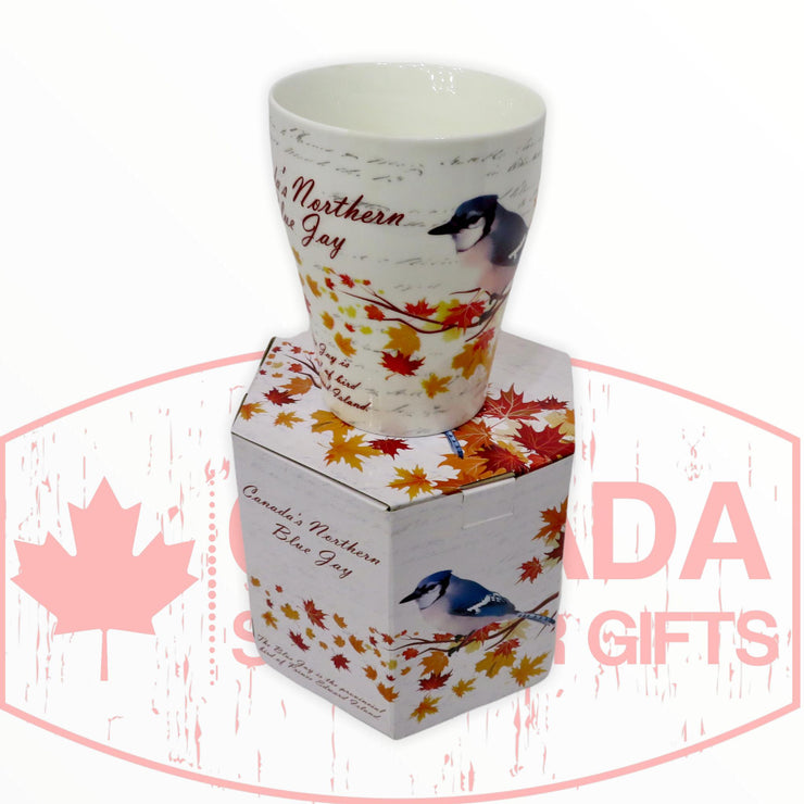 Coffee Mug - Beautiful Canada's Northern Blue Jay Bird Perched on the Maple Leaf Tree Tea Cup W/ Matching Box