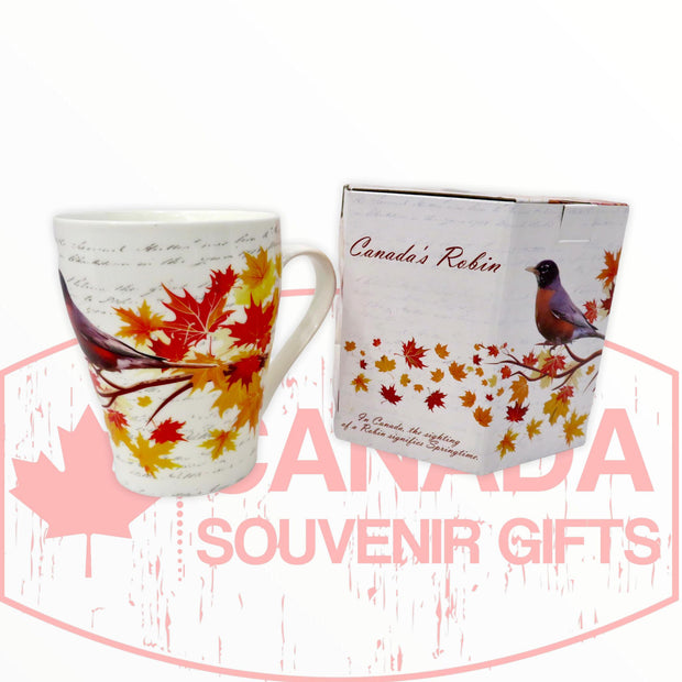 Coffee Mug - Beautiful Canada's Robin Bird Perched on the Maple Leaf Tree Tea Cup W/ Matching Box