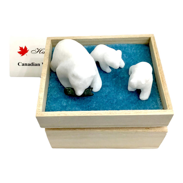 Grizzly Bear Family Set Hand Carved Star Marble & Green Jade Stone Salmon Fish Figurines Gift Boxed - Set of 3 pcs family Canadian Souvenir