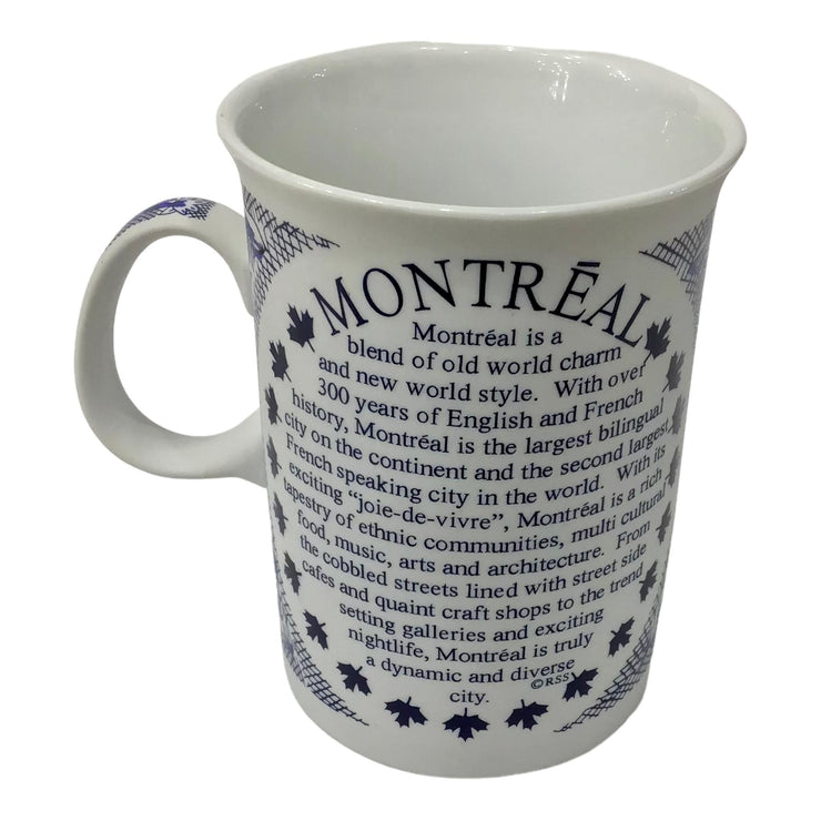 MUG MONTREAL SCENIC VINTAGE PRINT W/ HISTORY TEXT TEA CUP WHITE AND BLUE