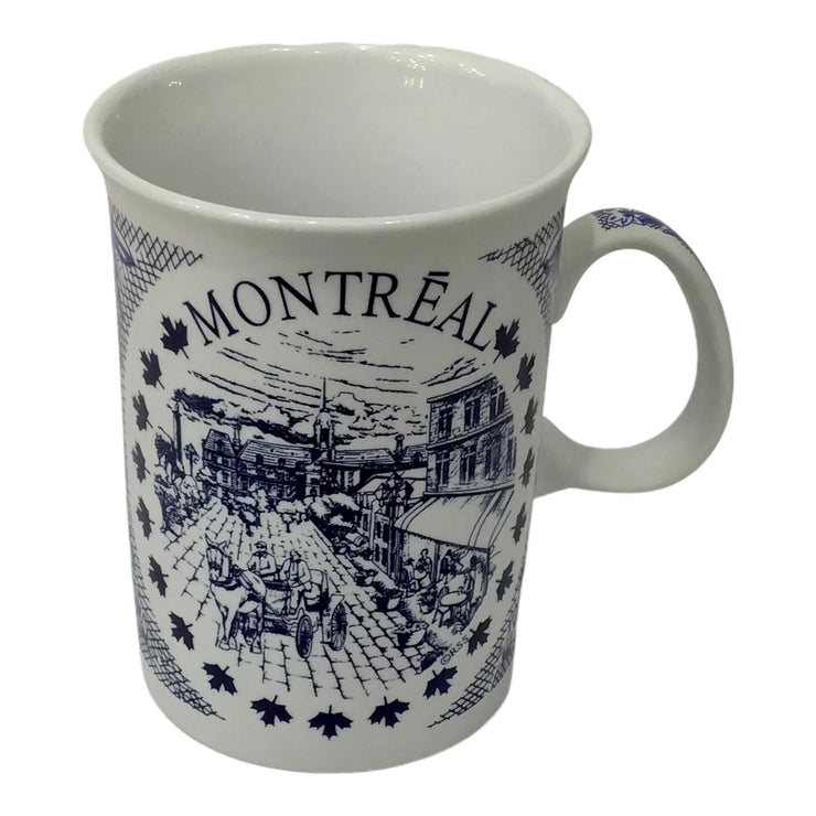 MUG MONTREAL SCENIC VINTAGE PRINT W/ HISTORY TEXT TEA CUP WHITE AND BLUE