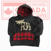 Made in Canada Moose Pullover Hoodie Navy or Charcoal w/ Buffalo Plaid Pocket Kids | Size 2-8 Years Old Children