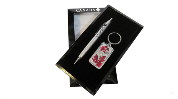 Matte Silverton Metal 2 Piece Maple Leaf Ballpoint Pen and Keychain Gift Boxed Set | Pen and Key Ring Souvenir Gift Set