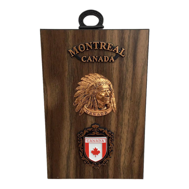 Montreal Canada Souvenir Wooden Wall Plaque Native Indian Figurine on Hickory 4 x 6 Inches