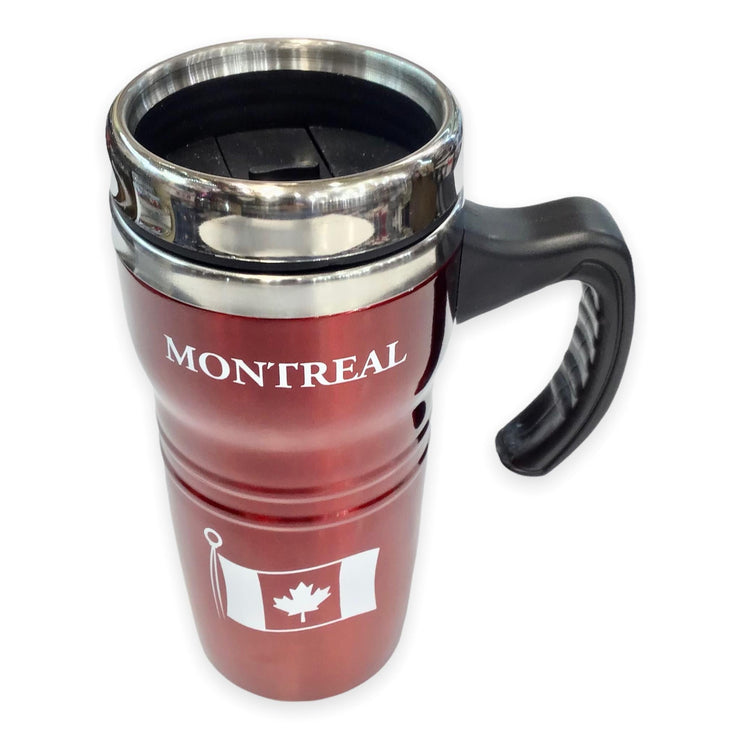 Montreal Canada Travel Mug 14oz - Insulated Coffee Mug, Thermal Stainless Steel with Easy Grip Tumbler Handle - Midnight Red