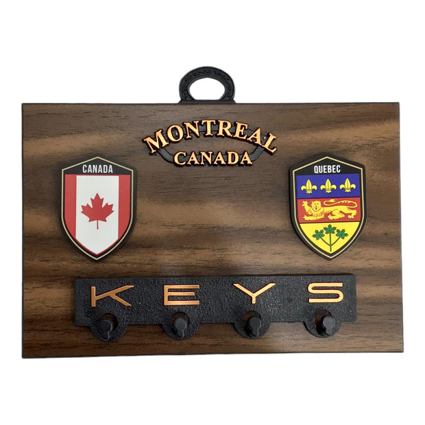 Montreal Quebec Souvenir Wall Plaque Maple Leaves with Key Holder on Hickory 6” x 4”