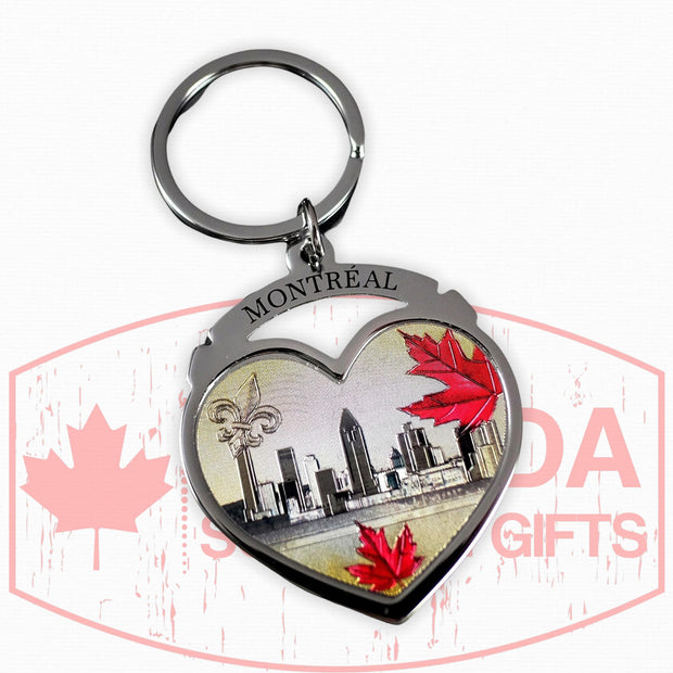 Montreal Skyline Vintage Keychain - Heart Shape Chrome Metal Key Holder