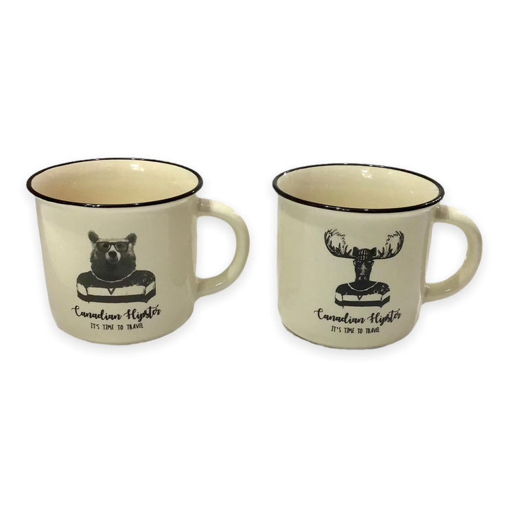 Moose and Bear Canadian Hipster It’s Time to Travel Cream Color Ceramic 13oz Coffee Mug Set | Funny Coffee Mug Set | Large Campfire Ceramic Mug Set | Unique Gift Idea for Women and Men