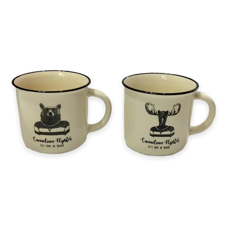 Moose and Bear Canadian Hipster It’s Time to Travel Cream Color Ceramic 13oz Coffee Mug Set | Funny Coffee Mug Set | Large Campfire Ceramic Mug Set | Unique Gift Idea for Women and Men