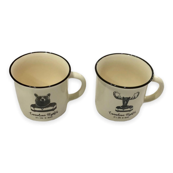 Moose and Bear Canadian Hipster It’s Time to Travel Cream Color Ceramic 13oz Coffee Mug Set | Funny Coffee Mug Set | Large Campfire Ceramic Mug Set | Unique Gift Idea for Women and Men