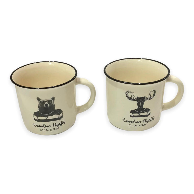 Moose and Bear Canadian Hipster It’s Time to Travel Cream Color Ceramic 13oz Coffee Mug Set | Funny Coffee Mug Set | Large Campfire Ceramic Mug Set | Unique Gift Idea for Women and Men