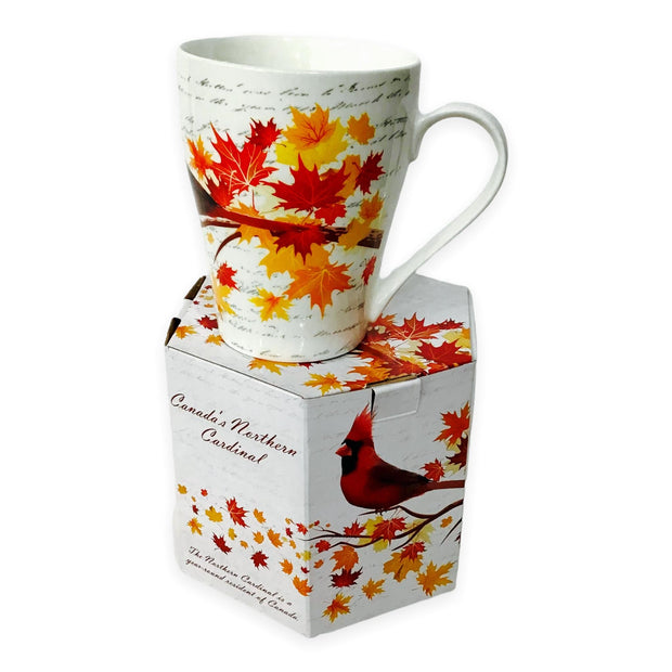 Mug - Canadian Northern Cardinal on Maple Leaf Tree - China Bone Cup w/ Matching Box