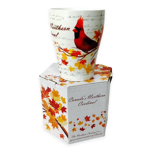 Mug - Canadian Northern Cardinal on Maple Leaf Tree - China Bone Cup w/ Matching Box