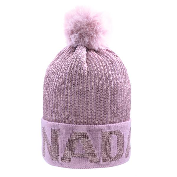 Pink Metallic Knit Canada Pom Toque