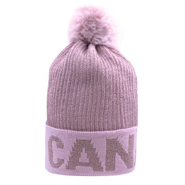 Pink Metallic Knit Canada Pom Toque