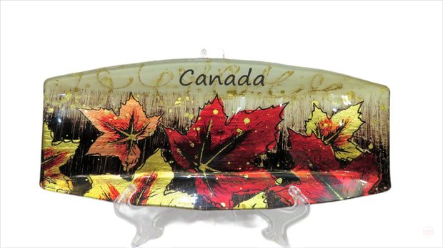 Rectangular Maple Leaf Design Tempered Glass Tray | 4.5x10.5inch Break Resistant Serving Trays and Platter with Display Stand Decorative Plate